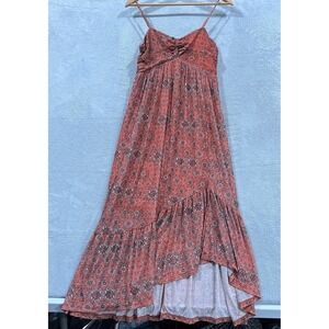 Maurices Dress Women M Orange Medallion Mesh Front Knot Midi Summer Boho Hippie